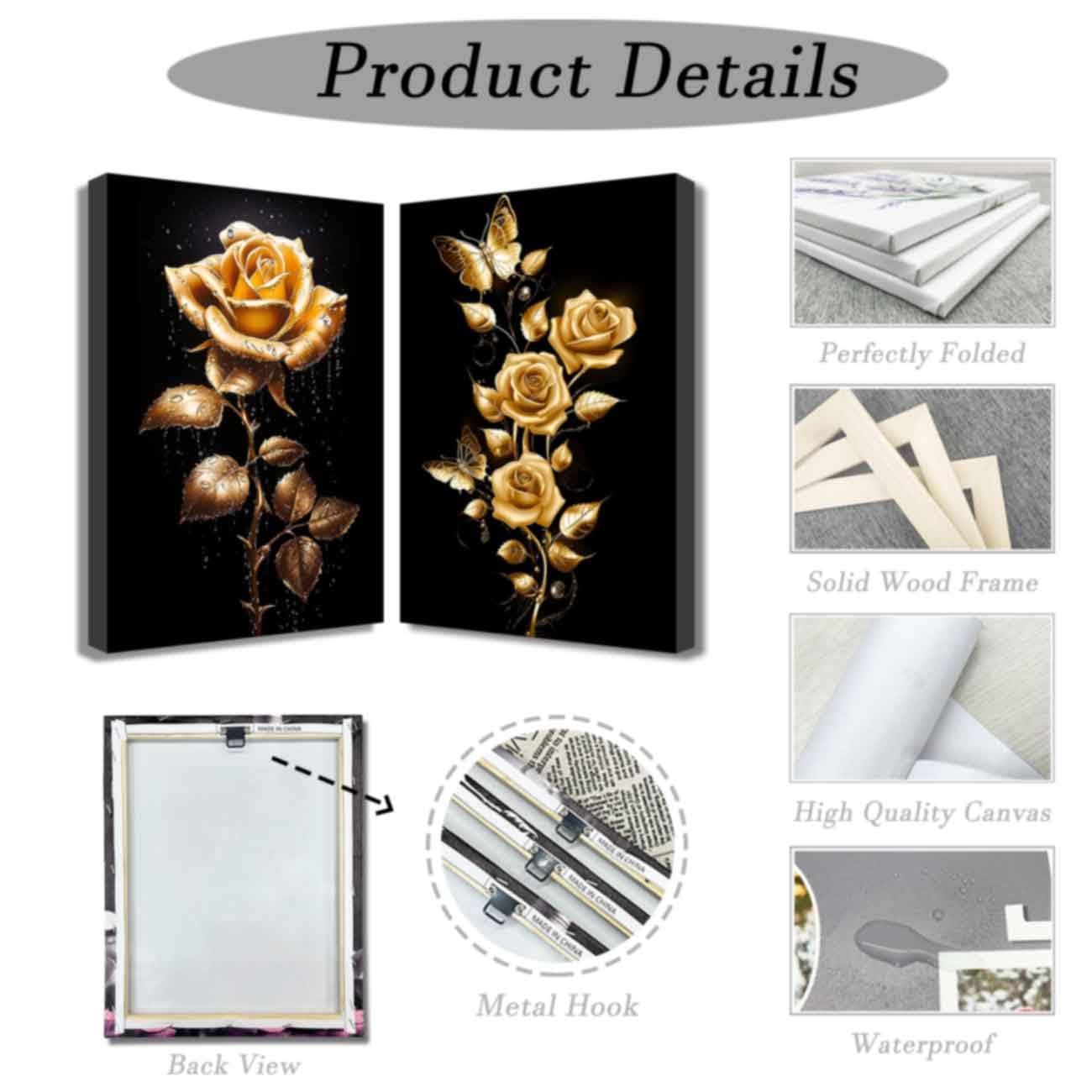 Amazon.co.jp: ZQQARTゴールドローズキャンバスウォールアート2ピース